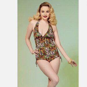 Pinup Couture Raquel Green Palm Springs Tiki Print Halter Swimsuit Size L